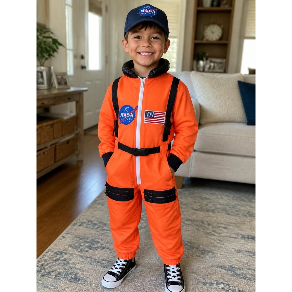 NASA Orange Flight Astronaut Suit Costume Embroidered Patches Hat Halloween 4-6Y